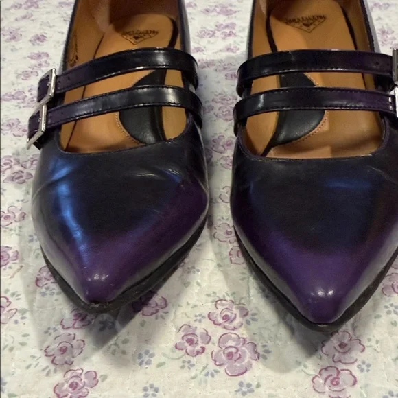 John Fluevog Black and Purple Two-Strap Pointed Pumps - Picture 5 of 6